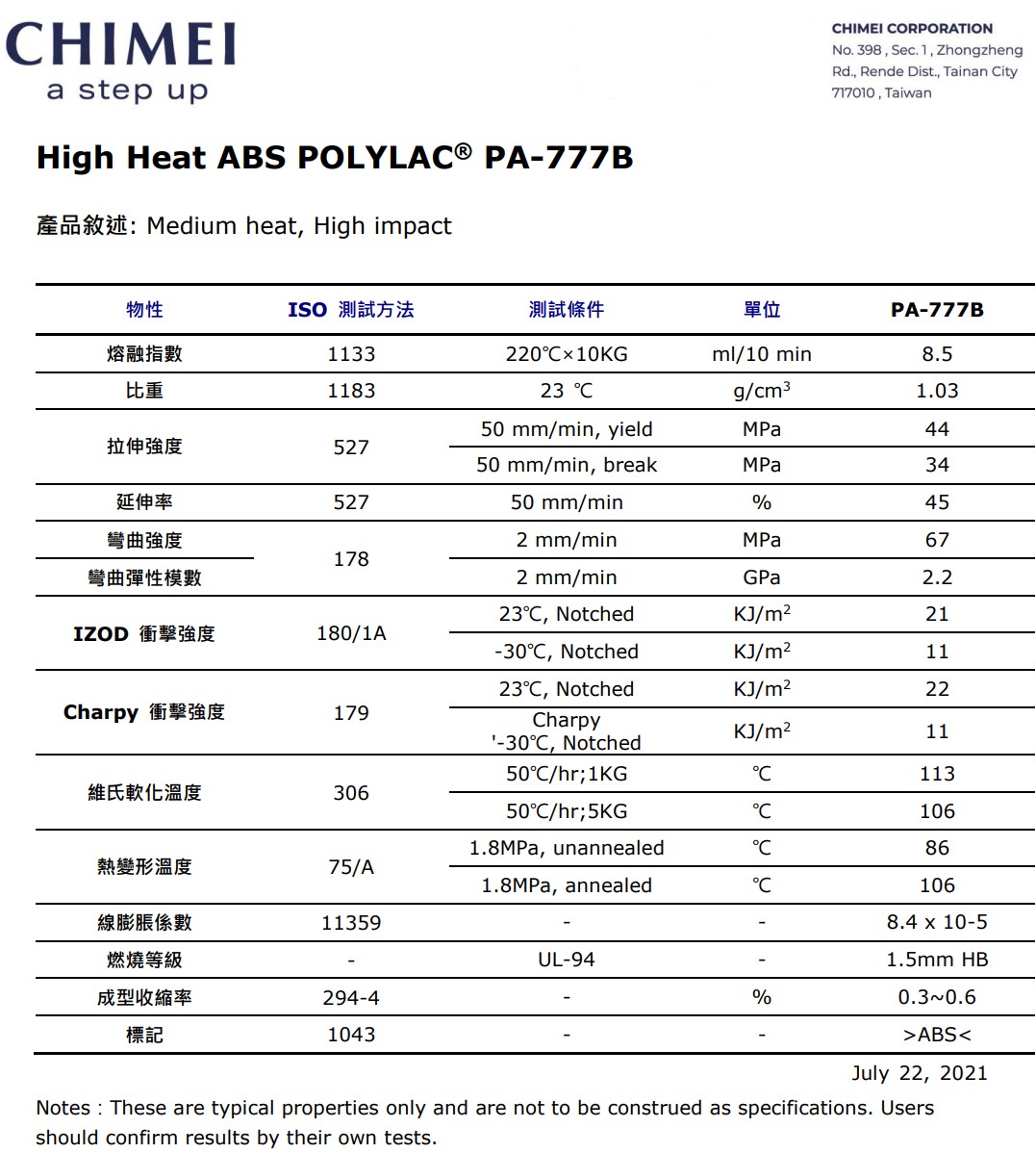 abs pa-777b物性參數(shù)