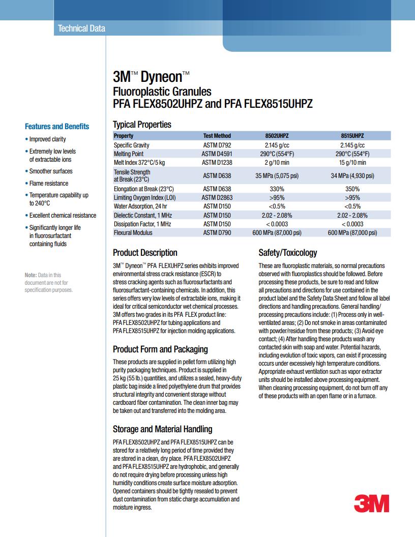 3M? Dyneon? Fluoroplastic PFA FLEX8515UHPZ物性表
