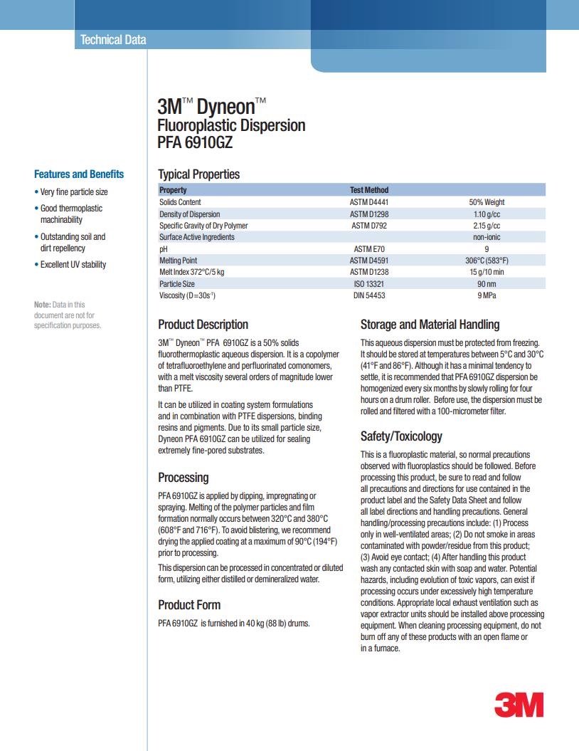 3M? Dyneon? Fluoroplastic PFA 6910GZ物性表