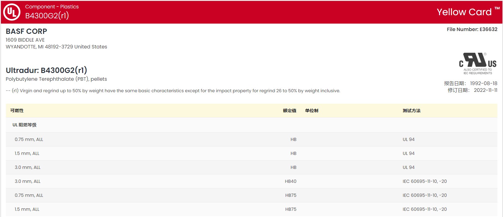 Ultradur? B 4300 G2 BK05110 UL:E36632-531667 表1