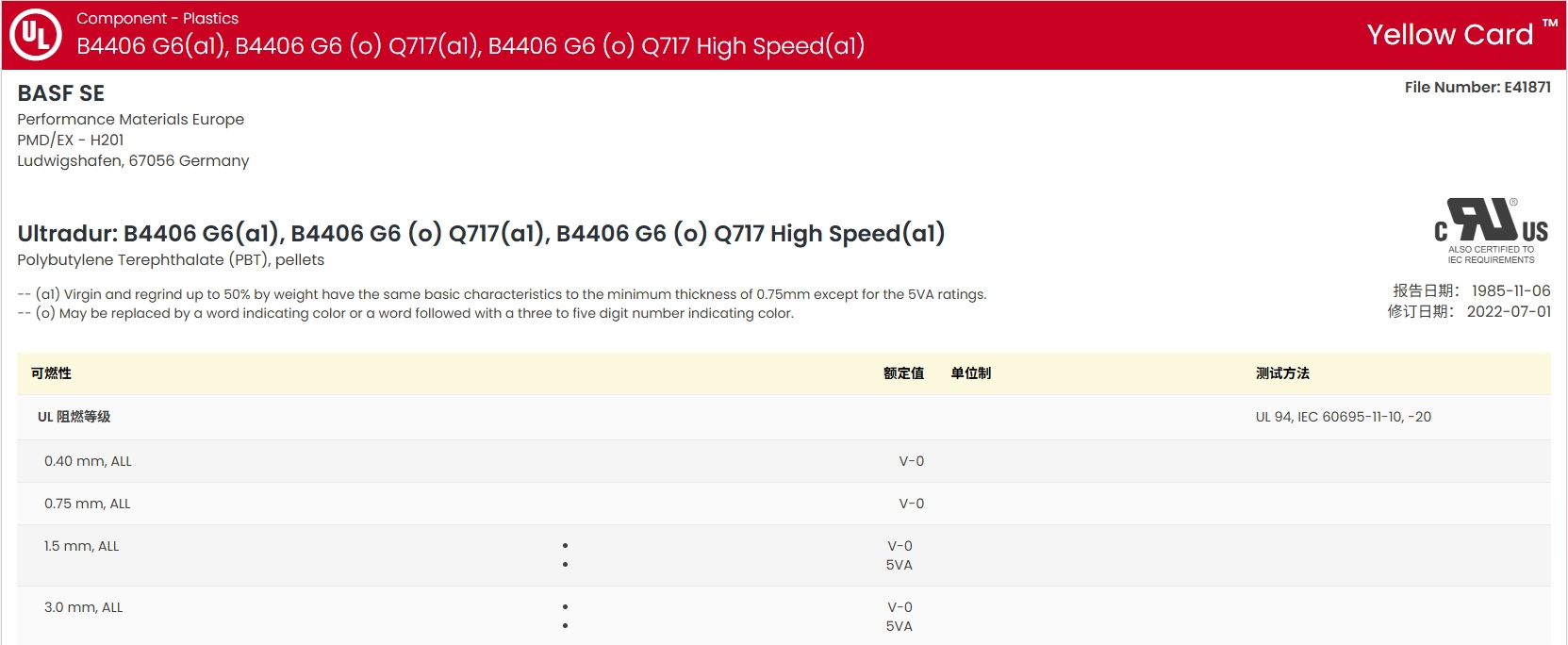 Ultradur? B 4406 G6 UL:E41871-233791 證書圖1