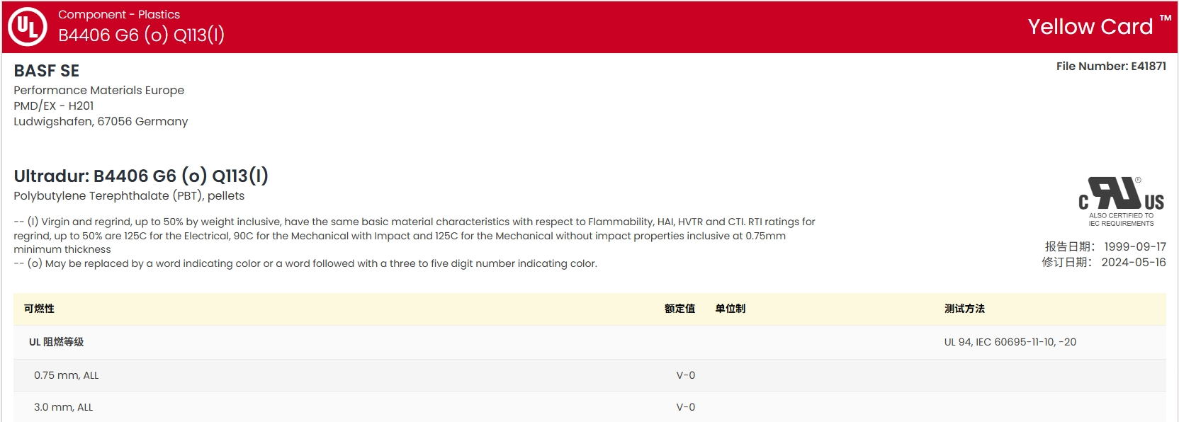 Ultradur? B 4406 G6 Q113 UL:E41871-233790 證書圖1