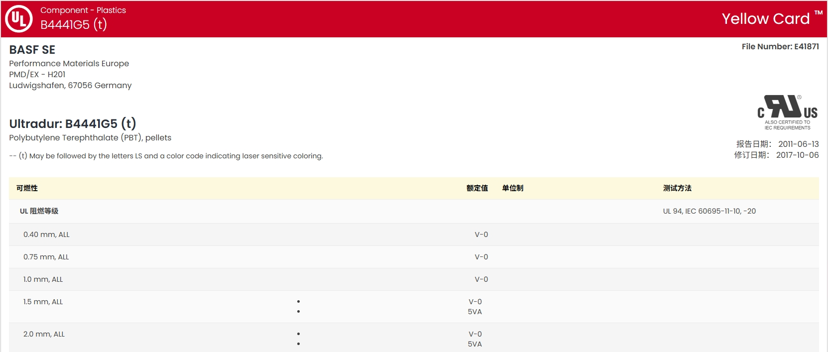 Ultradur? B 4441 G5 UL:E41871-100950667 證書圖1